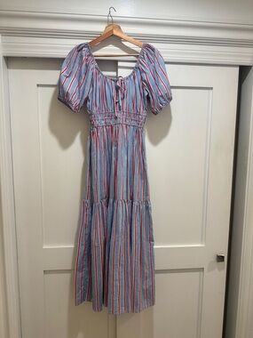 Blue and Red Striped Puff-Sleeve Midi Dress